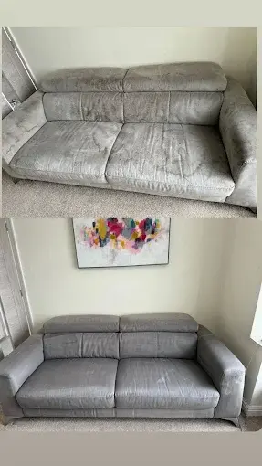 Grey sofa before cleaning, with marks on its seats