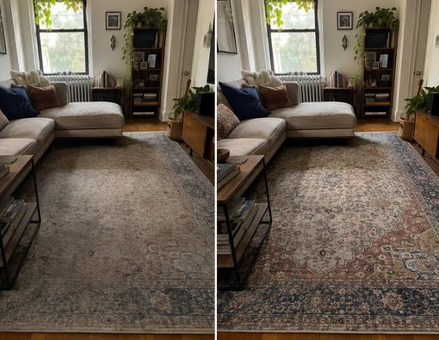 Living room rug before and after cleaning