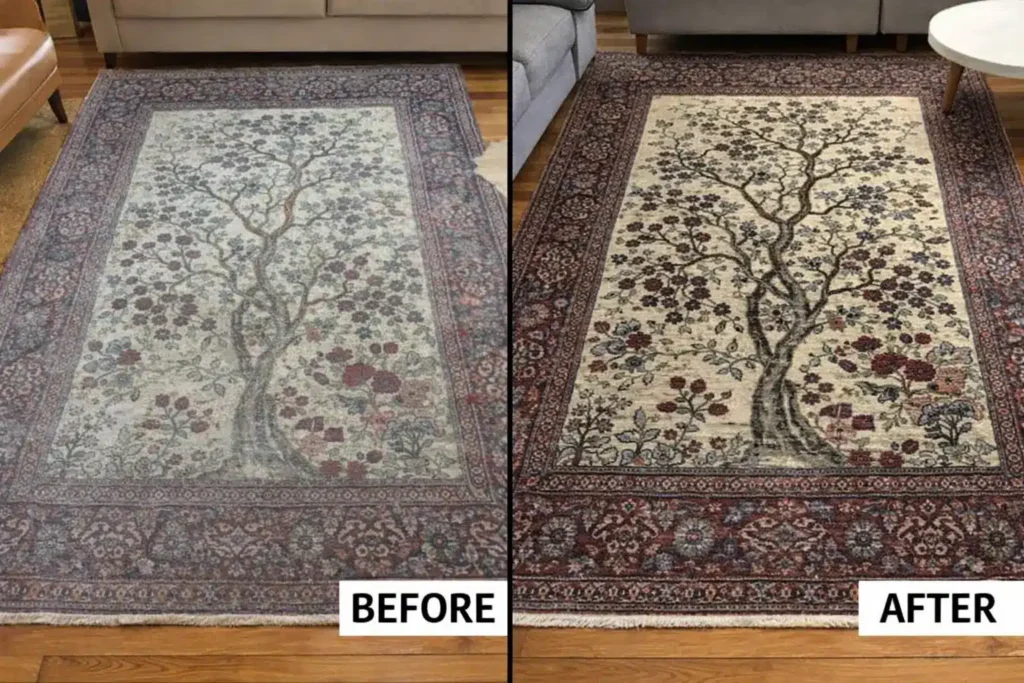 Patterned rug before and after cleaning